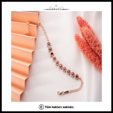 Yakut Kırmızısı Oval Taşlı Bileklik – 925 Ayar Gümüş Zirkon Bileklik