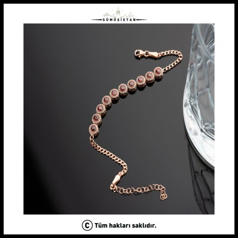 Yakut Kırmızısı Oval Taşlı Bileklik – 925 Ayar Gümüş Zirkon Bileklik