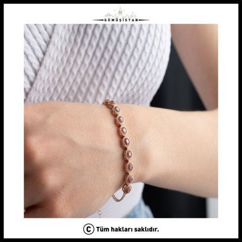 Yakut Kırmızısı Oval Taşlı Bileklik – 925 Ayar Gümüş Zirkon Bileklik
