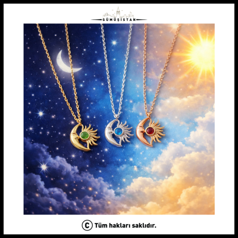 14 Ayar Altın Kaplama Gece&Gündüz Ay Taşı Kolye