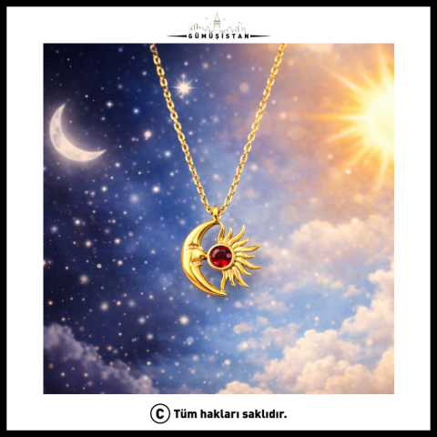 14 Ayar Altın Kaplama Gece&Gündüz Ay Taşı Kolye