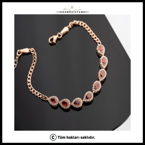 Yakut Kırmızısı Damla Taşlı Bileklik – 925 Ayar Gümüş Zirkon Bileklik