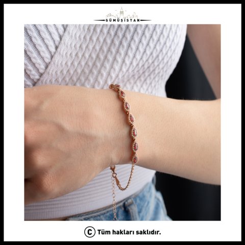 Yakut Kırmızısı Damla Taşlı Bileklik – 925 Ayar Gümüş Zirkon Bileklik