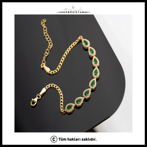 Zümrüt Yeşili Mekik Taşlı Bileklik – 925 Ayar Gümüş Gold Kaplama Zirkon Bileklik