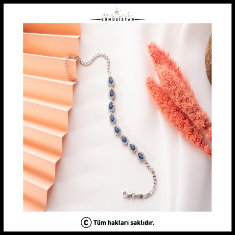 Safir Mavi Taşlı Mekik Bileklik – 925 Ayar Gümüş Zirkon Taşlı Asansörlü Bileklik