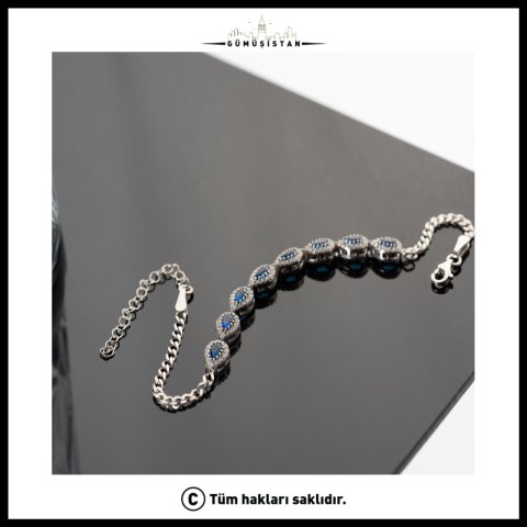 Safir Mavi Taşlı Mekik Bileklik – 925 Ayar Gümüş Zirkon Taşlı Asansörlü Bileklik