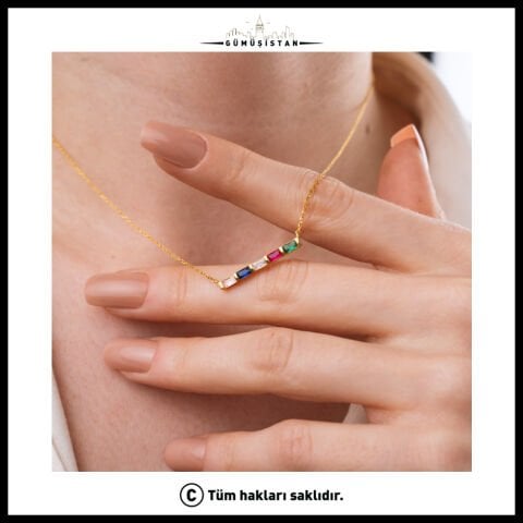 14 Ayar Altın Kaplama Bujiteri Sıralı Modern Doğum Taşı Kolyesi