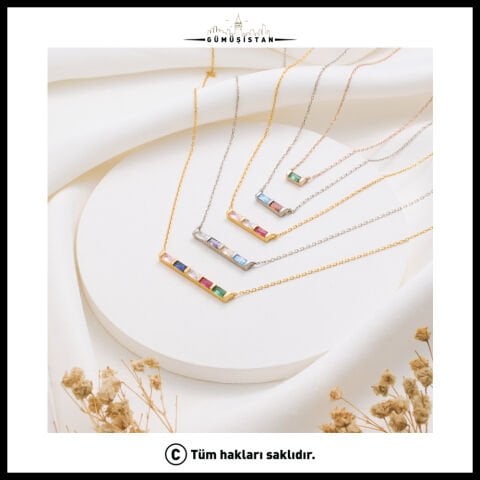 14 Ayar Altın Kaplama Bujiteri Sıralı Modern Doğum Taşı Kolyesi