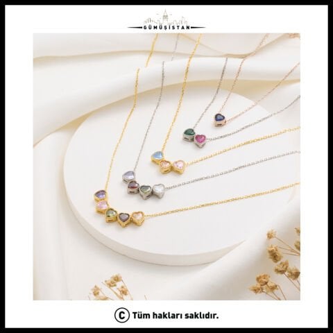 14 Ayar Altın Kaplama Bujiteri Kalp Serisi Doğum Taşı Kolyesi