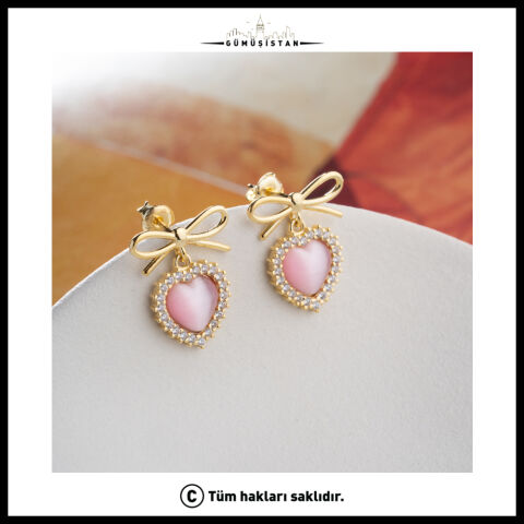 925 Ayar Gümüş Fiyonk Detaylı Pembe Kalp Taşlı Sallantılı Kadın Küpe