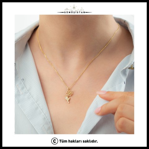 Zirkon Taşlı Gül Kolye – Gold Çiçek Figürlü Zarif Kadın Kolyesi