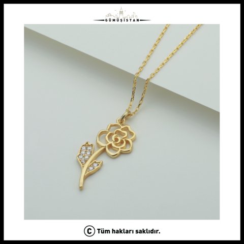 Zirkon Taşlı Gül Kolye – Gold Çiçek Figürlü Zarif Kadın Kolyesi