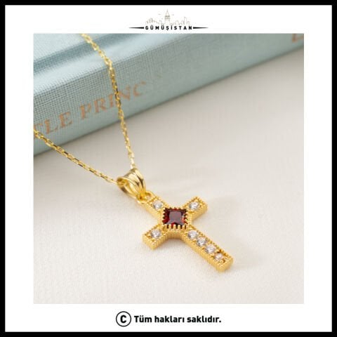 14 Ayar Altın Kaplama Doğum Taş Detaylı Haç Figürlü Bujiteri Kolye