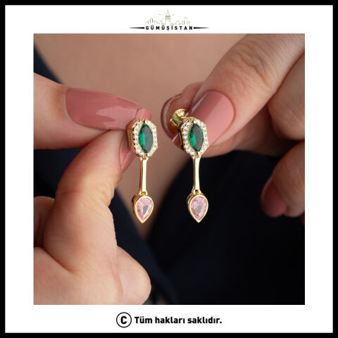 925 Ayar Gümüş Yeşil Zümrüt ve Pembe Taşlı Uzun Sallantılı Küpe