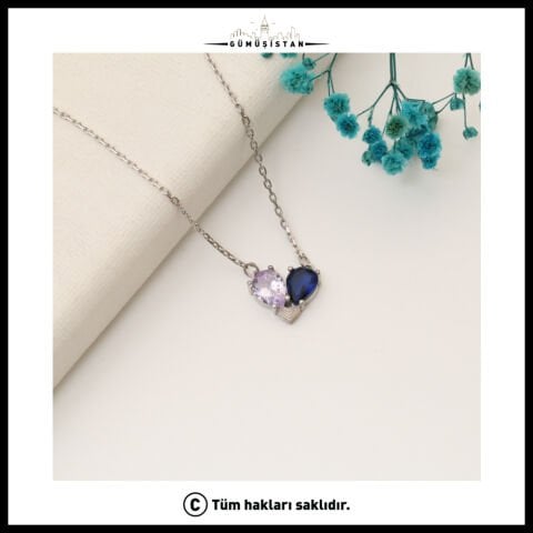 14 Ayar Altın Kaplama Kişiye Özel Çift Kalp Doğum Taşlı Kolye Bujiteri