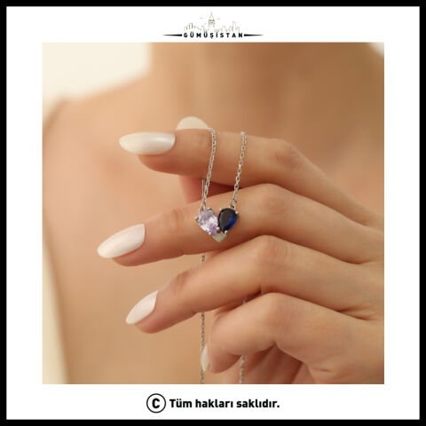 14 Ayar Altın Kaplama Kişiye Özel Çift Kalp Doğum Taşlı Kolye Bujiteri