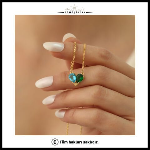 14 Ayar Altın Kaplama Kişiye Özel Çift Kalp Doğum Taşlı Kolye Bujiteri