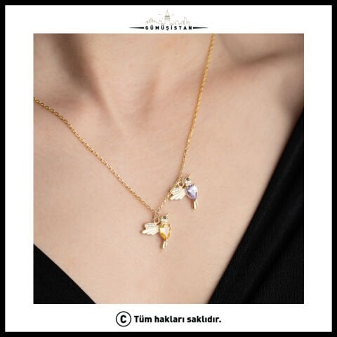 14 Ayar Altın Kaplama Kişiye Özel Doğum Taşlı Kuş Kolye Bujiteri