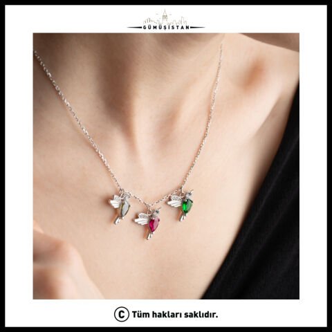 14 Ayar Altın Kaplama Kişiye Özel Doğum Taşlı Kuş Kolye Bujiteri