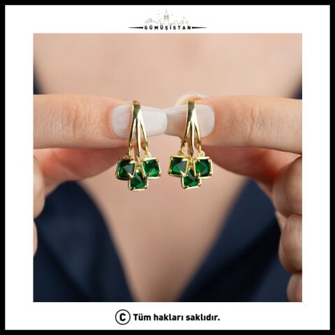 925 Ayar Gümüş Yeşil Taşlı Çift Halka Küpe