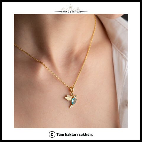 14 Ayar Altın Kaplama Kişiye Özel Doğum Taşlı Tekli Kuş Kolye Bujiteri