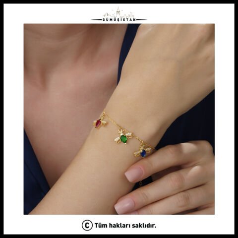 14 Ayar Altın Kaplama Kişiye Özel Doğum Taşlı Arı Kuşu Bileklik