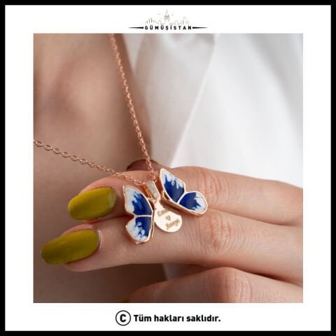 Kişiye Özel Mavi Kelebek Açılır Kapanır Kolye - Bujiteri