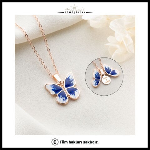 Kişiye Özel Mavi Kelebek Açılır Kapanır Kolye - Bujiteri