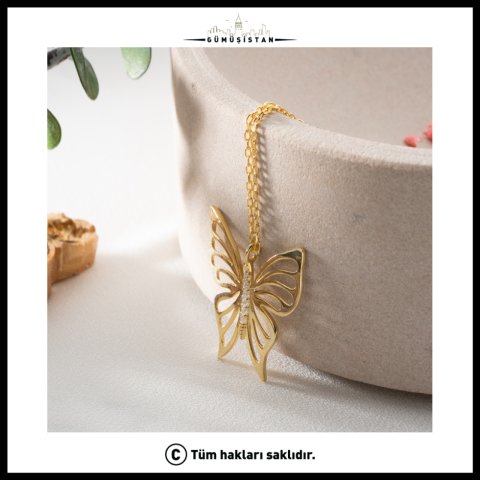 Zirkon Taşlı Kelebek Kolye – Gold Zarif Kelebek Kadın Kolyesi