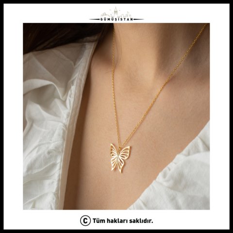 Zirkon Taşlı Kelebek Kolye – Gold Zarif Kelebek Kadın Kolyesi