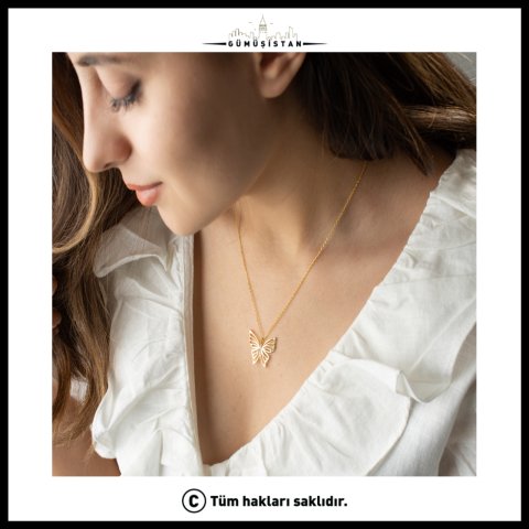 Zirkon Taşlı Kelebek Kolye – Gold Zarif Kelebek Kadın Kolyesi