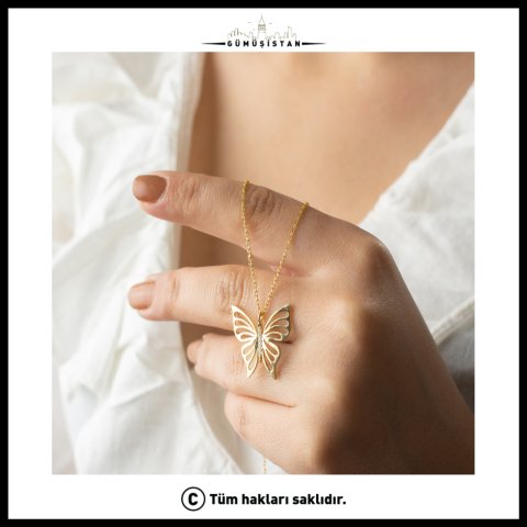 Zirkon Taşlı Kelebek Kolye – Gold Zarif Kelebek Kadın Kolyesi