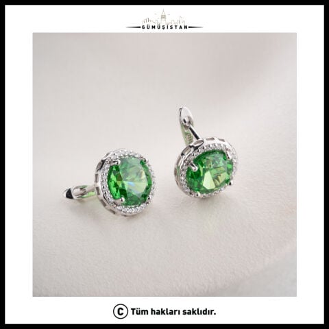 925 Ayar Gümüş Yeşil Taşlı Zirkon Taşlı Yuvarlak Küpe