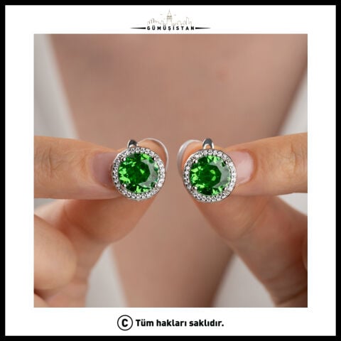 925 Ayar Gümüş Yeşil Taşlı Zirkon Taşlı Yuvarlak Küpe