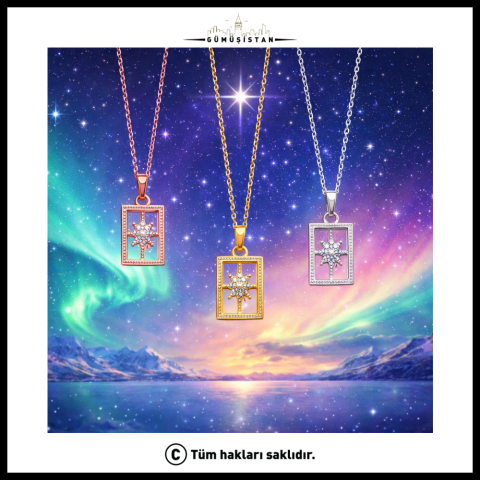 Kutup Yıldızı Dikdörtgen Kolye – Zirkon Taşlı Gold Kadın Kolyesi