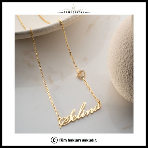Kişiye Özel İsimli Zirkon Taşlı Kalp 925 Ayar Gümüş Kolye