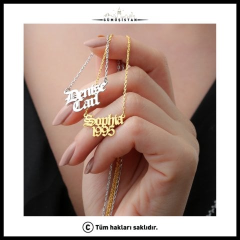 Kişiye Özel İki İsimli Kolye – Gotik Yazı Tasarımlı 925 Ayar Gümüş & Pirinç Kolye