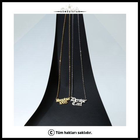 Kişiye Özel İki İsimli Kolye – Gotik Yazı Tasarımlı 925 Ayar Gümüş & Pirinç Kolye