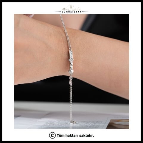 925 Ayar Gümüş Beyaz Baget Taşlı Modern Bileklik
