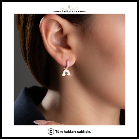 925 Ayar Gümüş Gökkuşağı ve Pembe Detaylı Halka Küpe