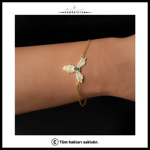 Zümrüt Yeşili Taşlı Anka Kuşu Bileklik – Gold Renk Zirkon Taşlı Phoenix Kadın Bilekliği