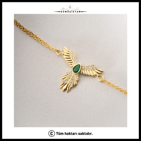 Zümrüt Yeşili Taşlı Anka Kuşu Bileklik – Gold Renk Zirkon Taşlı Phoenix Kadın Bilekliği