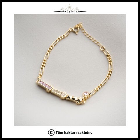 Renkli Taşlı Figaro Zincir Kadın Bileklik – Gold Renk Modern Tasarım Zirkon Taşlı Bileklik