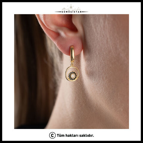 925 Ayar Gümüş Siyah & Beyaz Zirkon Taşlı Yuvarlak Sallantılı Küpe – Gold