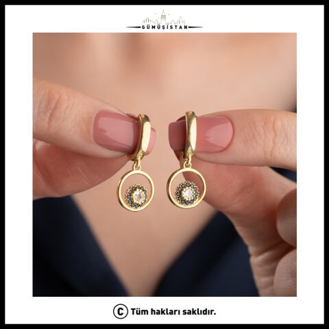 925 Ayar Gümüş Siyah & Beyaz Zirkon Taşlı Yuvarlak Sallantılı Küpe – Gold