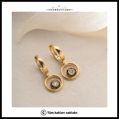 925 Ayar Gümüş Siyah & Beyaz Zirkon Taşlı Yuvarlak Sallantılı Küpe – Gold
