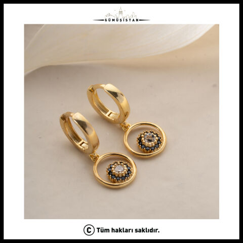 925 Ayar Gümüş Siyah & Beyaz Zirkon Taşlı Yuvarlak Sallantılı Küpe – Gold