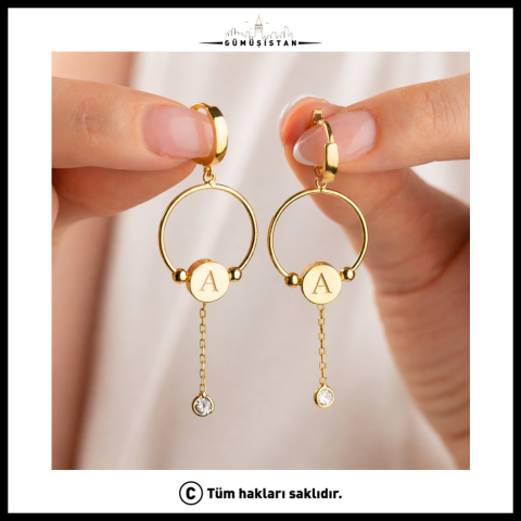 925 Ayar Gümüş Harf A Tasarımlı Halka Küpe – Sallantılı Taş Detaylı