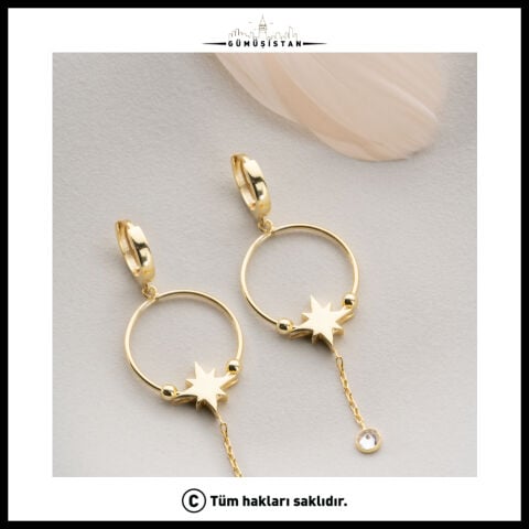 925 Ayar Gümüş Yıldız Detaylı Halka Küpe | Sallantılı Taşlı Gold