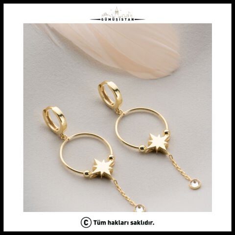925 Ayar Gümüş Yıldız Detaylı Halka Küpe | Sallantılı Taşlı Gold